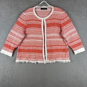 Kasper Sweater Womens Petite XL Orange White Knit Fringed 3/4 Sleeve Cardigan